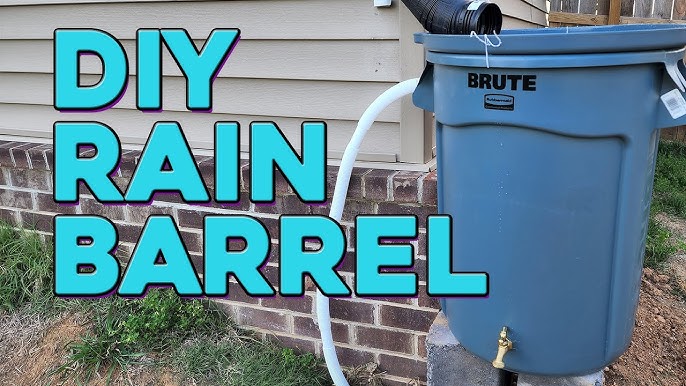 Image of someone connecting the downspout diverter into the top of a blue plastic container.