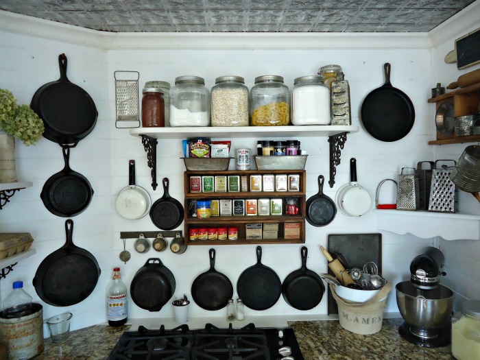 close-up photo well-worn cast iron skillet