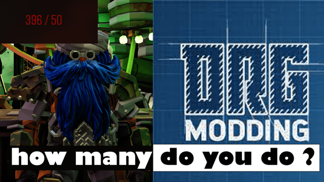 A before-and-after comparison screenshot inside Deep Rock Galactic. The