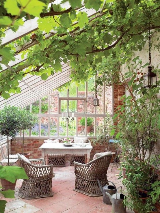 a sunroom decorated with vintage furniture, hanging plants, and natural elements.