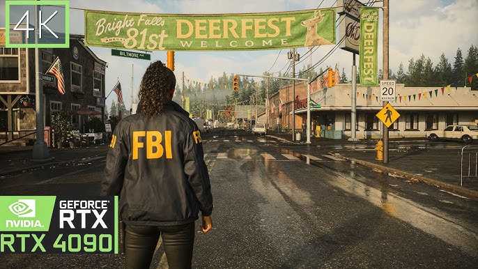 In-game screenshot demonstrating the visual impact of path-traced global illumination in Alan Wake 2, specifically focusing on a scene with complex lighting and shadows in Bright Falls. Include rain on the ground.