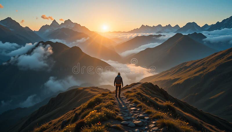 sunrise mountain hike lone hiker walks path overlooking breathtaking vista clouds peaks stunning image was
