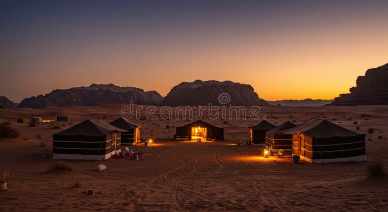 A Bedouin on a camel is silhouetted against a vibrant orange sunset in Wadi Rum, Jordan, emphasizing the dramatic contrast and cultural essence of the location.