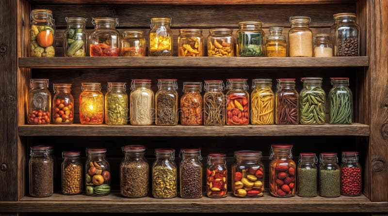 Full pantry shelf filled glass jars pickled goods labels