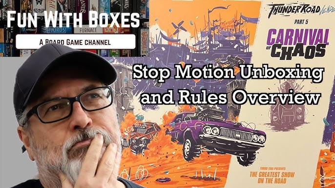 A stop-motion scene of a hand unboxing a board game with dice.