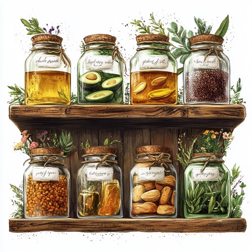A rustic shelf holding many small glass bottles filled with herbs and spices, and several seed packets