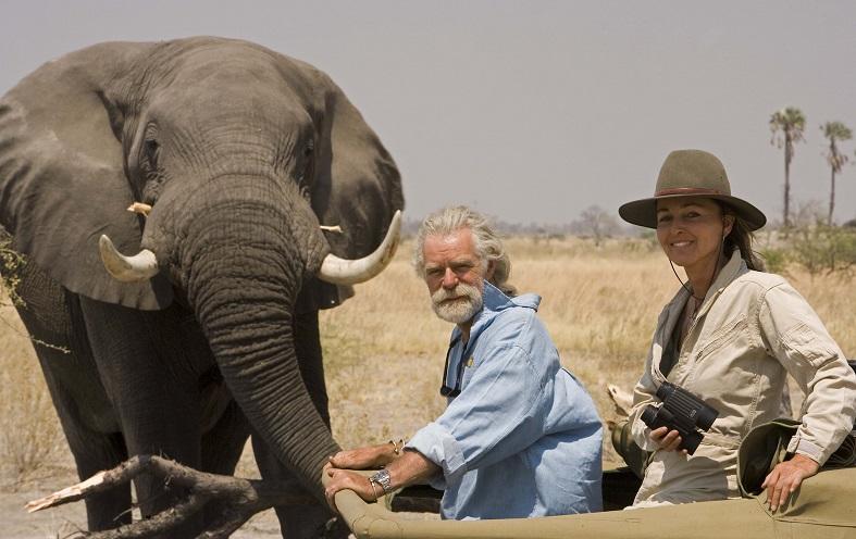 A close-up of an elephant's eye, reflecting the Okavango Delta landscape