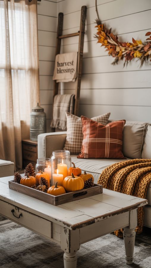 A fall themed entryway with stacked pumpkins and a wooden crate