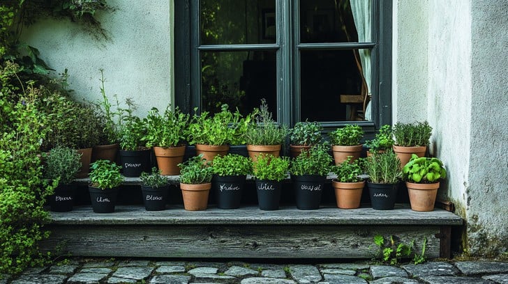 A close-up shot of fresh herbs with plant labels, creating a visual guide to the variety of herbs in the garden.