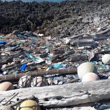 A beach covered in various types of plastic waste, including bottles, containers, and fragments, showcasing the extent of plastic pollution at Kamilo Beach.