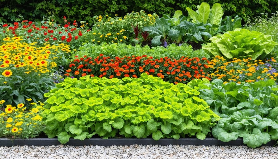Diverse flower herb vegetable garden thriving