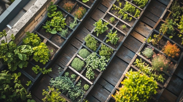 Multiple wooden planter boxes in a backyard