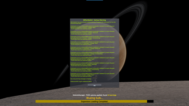 Image of an error message in the KSP.log file showing a dependency error related to Module Manager.