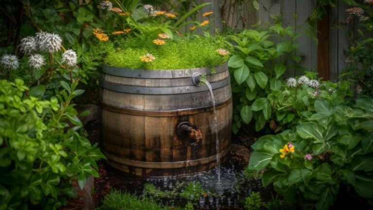 Oak barrels adorned with hand-painted stencils of wildflowers and overflowing with trailing herbs, showcasing the aesthetic appeal of the rainwater collection system.