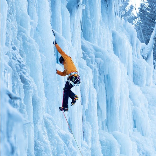 Close-up shot of ice crystals on a frozen waterfall