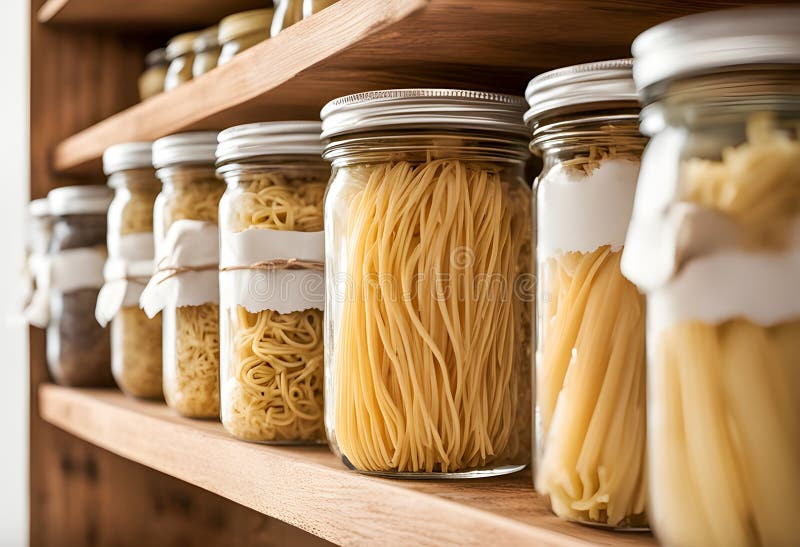A pantry shelf stocked with canning jars, pasta, and other preserved food items.