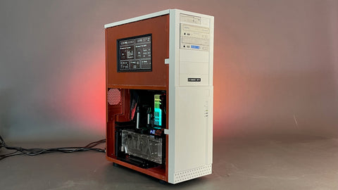Close up of the complete build, showcasing a beige color palette of components and a generally retro look.