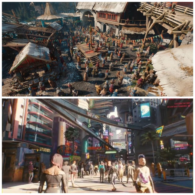 A side-by-side comparison shot showcasing the improved world interactivity in Cyberpunk 2077 post-2.0 update. On one side, show a before-update scene with static, unresponsive NPCs. On the other side, show the same location after the update with more dynamic NPC behavior, such as reacting to V's actions or engaging in diverse activities. The time of day and lighting should be matched precisely.
