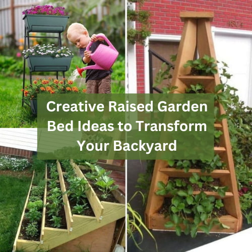 A variety of creative raised garden bed ideas, including straw bales, woven wood, and stacked tires.