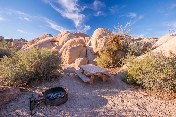 Jumbo Rocks Campground in Joshua Tree National Park, California, featuring massive rock formations and desert landscape