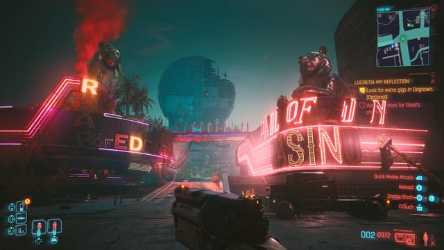 A vehicle reflecting the neon lights of Dogtown using path tracing