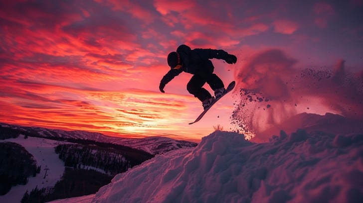 A lone snowboarder silhouetted against a fiery sunset over snow-capped peaks. This image represents the awe-inspiring beauty and freedom of snowboarding in remote locations.