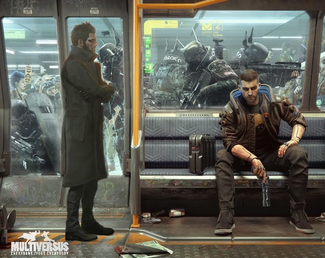 Deus Ex (2000) and Cyberpunk 2077 side-by-side comparison image. Deus Ex screenshot should showcase a player choosing between two distinct mission paths, indicated by on-screen choices. Cyberpunk 2077 screenshot should show a visually impressive scene, but the composition should subtly convey a sense of limited player agency, perhaps depicting a heavily scripted sequence. 4k resolution.