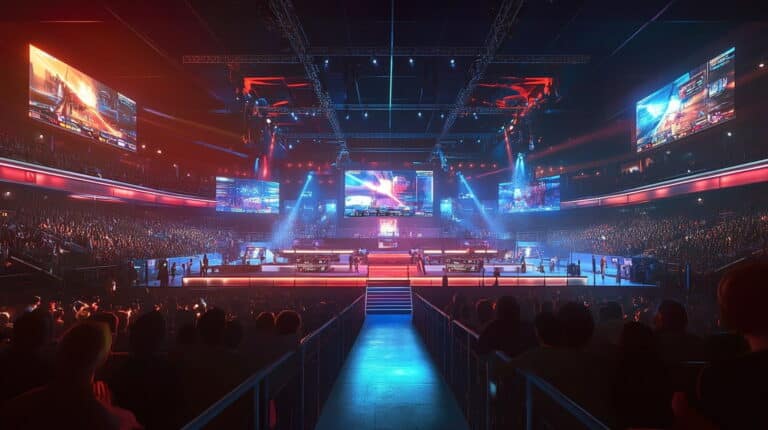 A dynamic shot of a CS2 esports arena, filled with cheering fans and bathed in vibrant lights, capturing the excitement and energy of a live Counter-Strike 2 tournament. The image showcases the growing popularity and intensity of competitive gaming.
