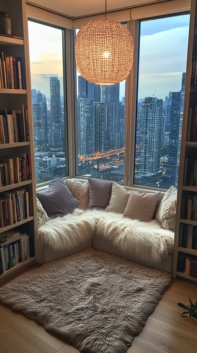 A cozy apartment reading nook setup near a window, bathed in natural light. A comfortable chair is adorned with a knit throw and a cushion. A small table holds a lamp with an amber-toned bulb, while bookshelves provide storage for books and decorative items.