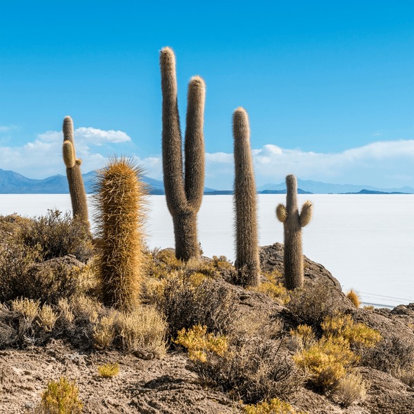 Incahuasi Island with giant cacti and a fisheye lens effect