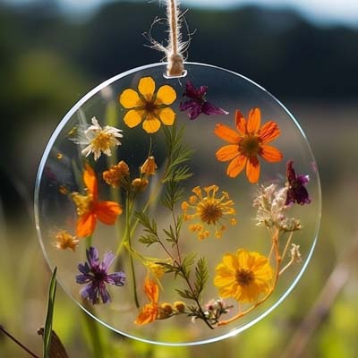 a step by step photo depicting a finished pressed flower sun catcher with a wire loop for hanging