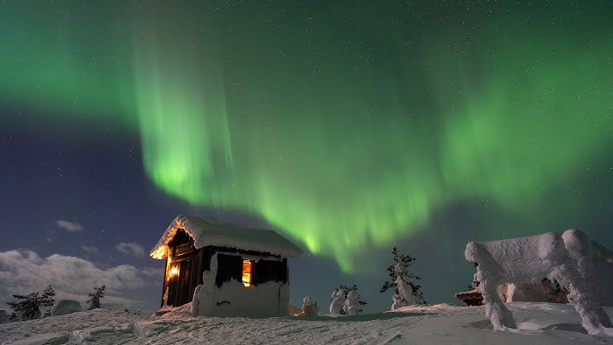 A long-exposure shot capturing the vibrant colors of the Aurora Borealis dancing across the night sky in Lapland. The foreground includes a snow-covered landscape with silhouettes of pine trees.