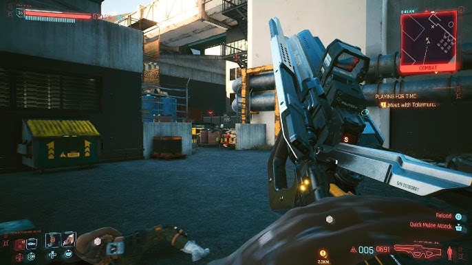 An HUD overlay displaying RAM usage and quickhack queues during combat, showing the Tetratronic Rippler Mk.4 in action.