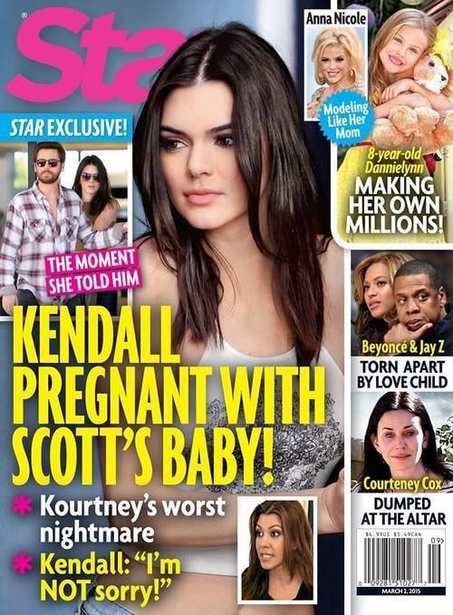 Tabloid headlines about Beyoncé's pregnancy, suggesting doubt and uncertainty, layered over a blurred image of a pregnant woman.