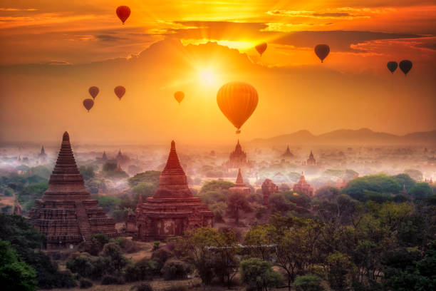 Panoramic view from a hot air balloon at sunrise in Bagan