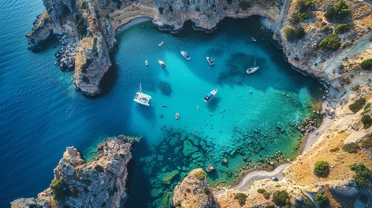 An idyllic coastal retreat with a peaceful beach and calm blue water