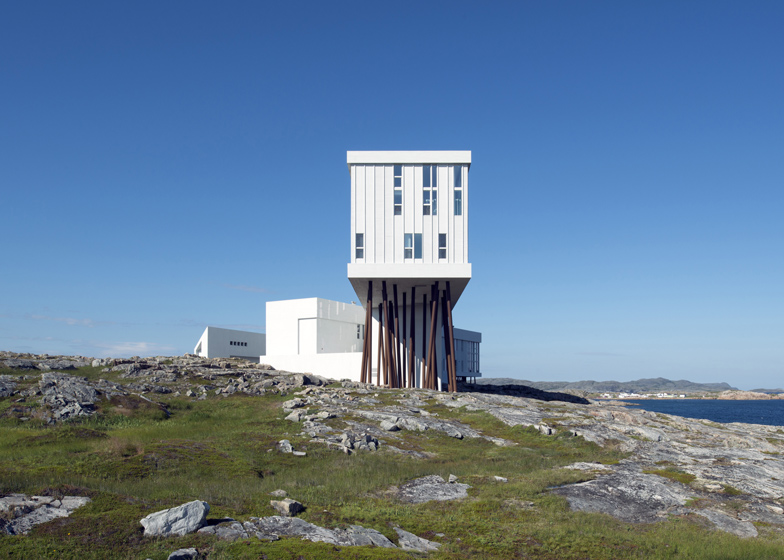 Fogo Island Inn's unique architecture against the rugged Newfoundland coastline