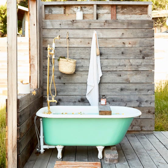 Interior shot of the shower, highlighting the clawfoot tub, low-flow showerhead, and reclaimed wood shelving. Natural light filtering through the doorway. A plant sits in a pot on the shelf.