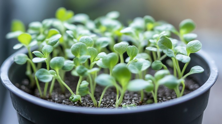 close-up variety herb seedlings labeled pots