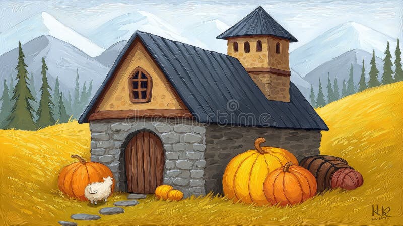 charming stone cottage surrounded pumpkins sheep autumn landscape delightful nestled adorned bright cozy