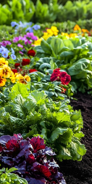 A thriving vegetable garden interspersed with blooming flowers, creating a visually appealing and functional space.