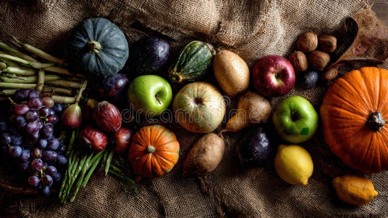 colorful fall vegetables fruits arranged burlap rustic appeal negative space top creative