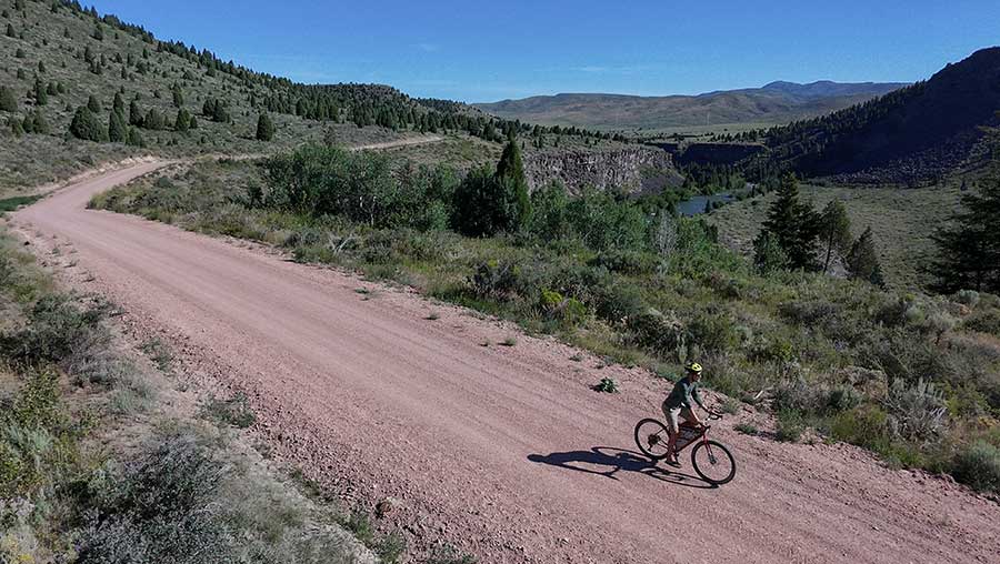 Mountain bikers riding through a vibrant alpine meadow on the Skyline Trail, with panoramic views of the Canadian Rockies in the background