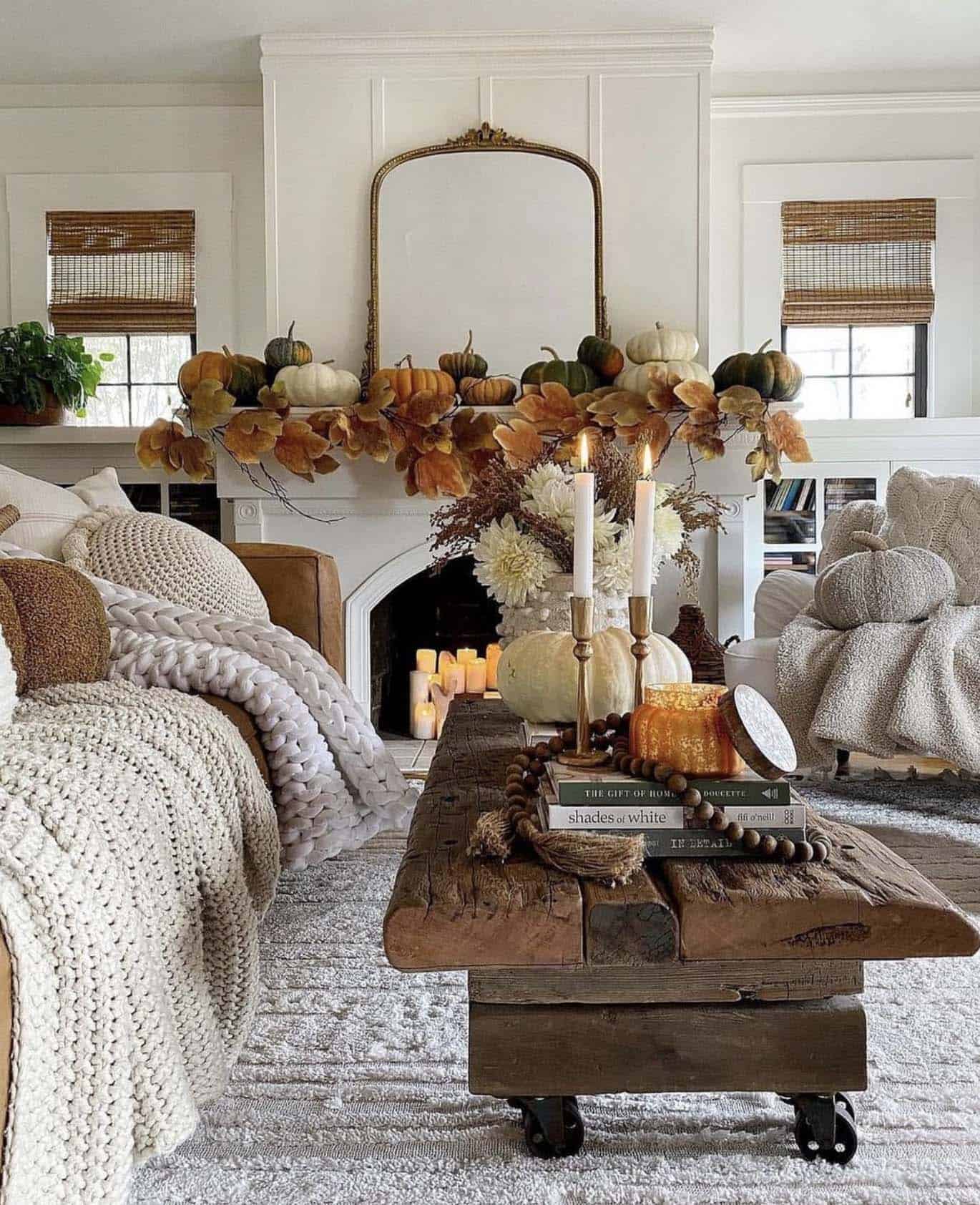 farmhouse mantel decorated autumn foraged garland