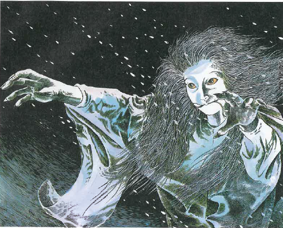 A small, snow-covered Shinto shrine with a traditional Japanese roof near the base of a mountain.