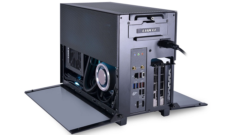 Close-up product photo of the Lian Li Q58 Mini-ITX case with custom pixel art paint job, showcasing vibrant colors and detailed pixel patterns.