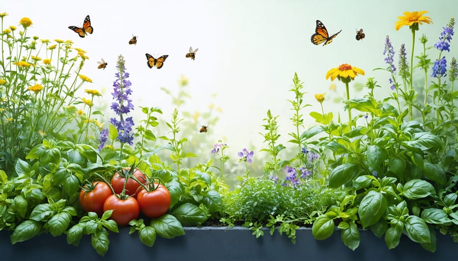 A variety of companion plants are shown intertwined amongst vegetable plots to improve biodiversity and yield.