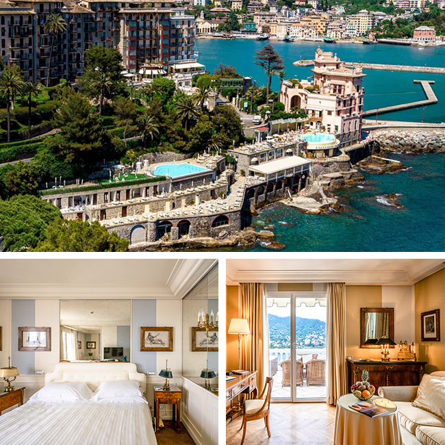 An elegant hotel interior with sea views and stylish furniture
