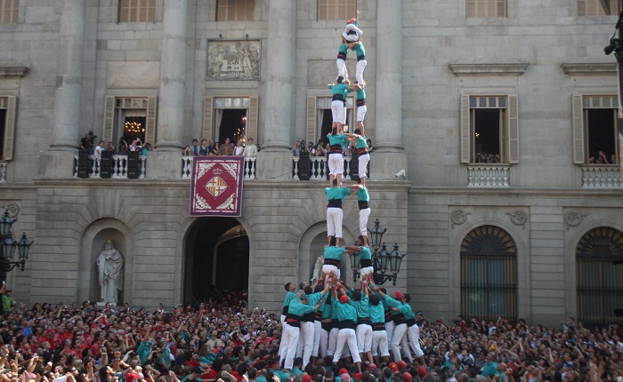 Castellers forming a human tower in Barcelona