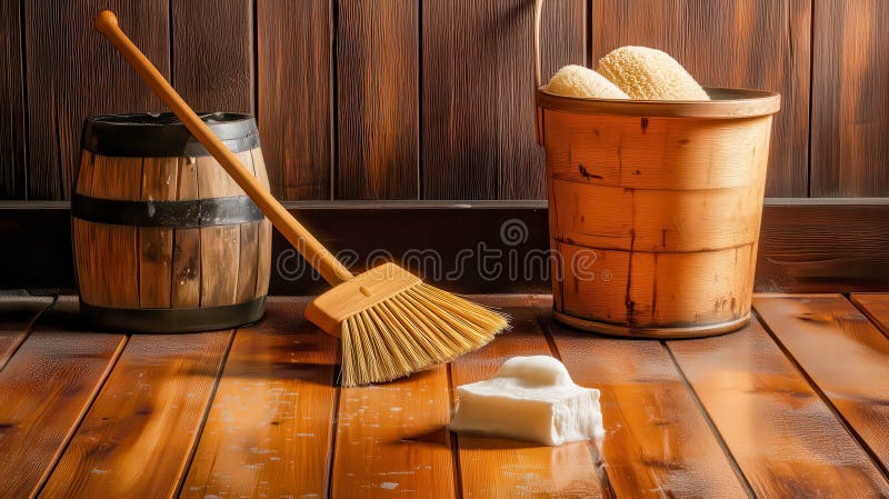 Intimate detail shot of hands wearing rubber gloves wringing out a mop head into a galvanized steel bucket filled with cleaning solution.